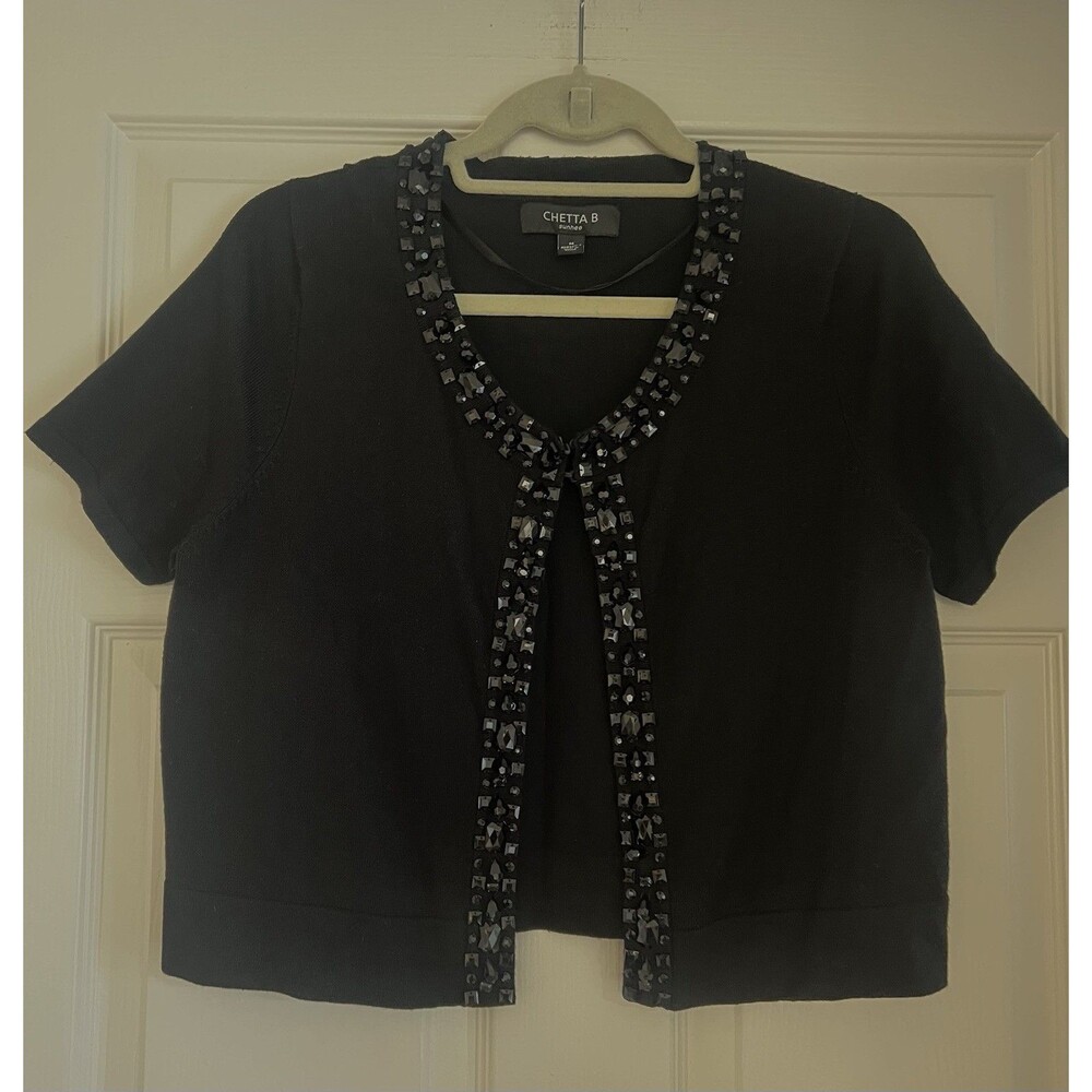 Chetta B Black Beaded Bolero Cardigan Short Sleeve Crop Top Sz M EUC Y2K